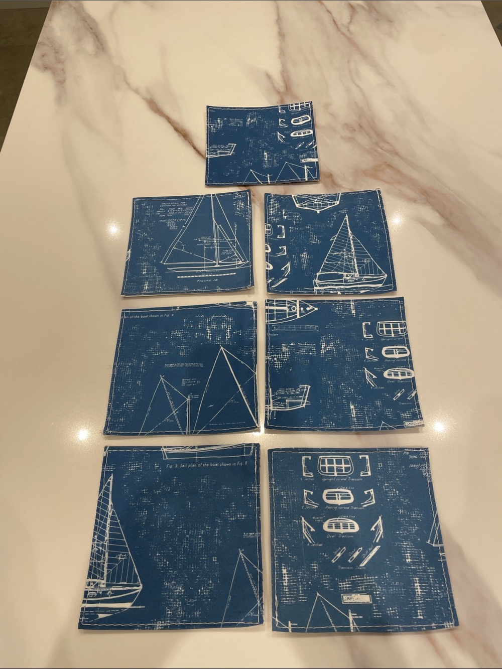 Sea Bags Maine - Nautical Blueprint Coasters - Blue & White Set of 7